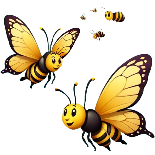 butterfly and bee flying near flowers in a forest, cheerful expressions emoji