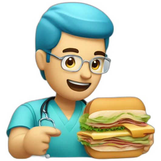 Médico rubio comiendo un súper sandwich emoji