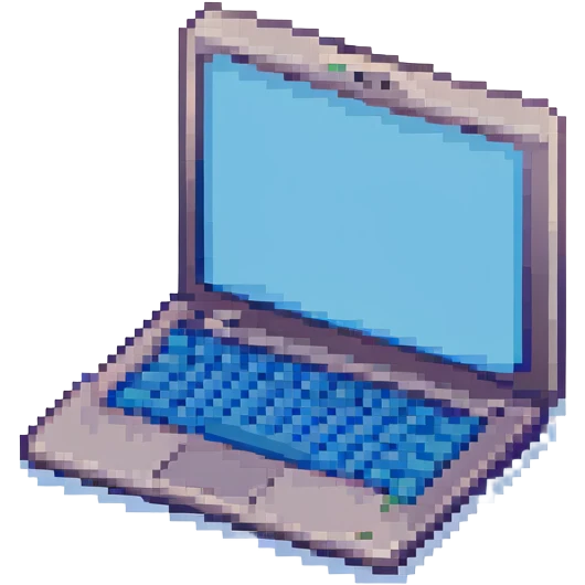 pixel art style laptop, open, showing a blue screen, blocky and retro emoji