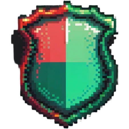Member badge with a shield shape and green to red gradient background with pixel art details emoji