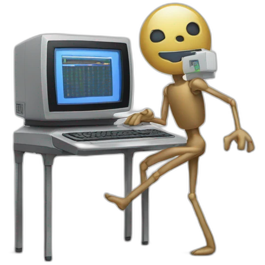 Anthropomorphic computer with arms and legs doing something random emoji