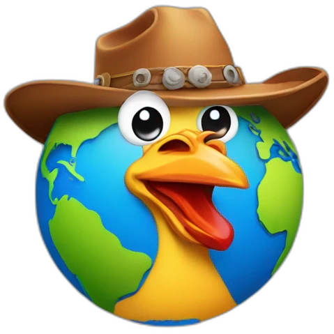 planet Earth with a cartoon cowboy hat and happy chicken face emoji