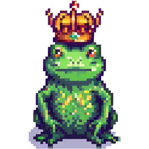pixel art crowned frog standing green and gold simple background emoji
