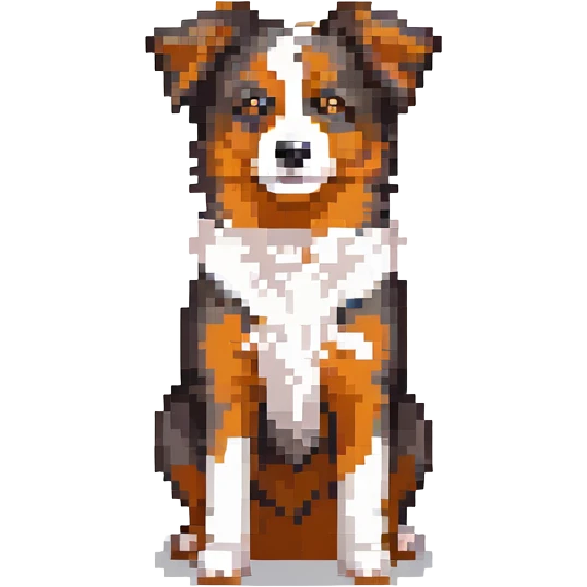 Aussie Shepherd dog, pixel art style, small size, recognizable markings, standing pose emoji