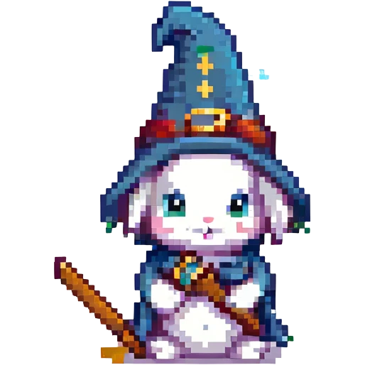 wizard baby bunny holding a tiny wand, pixel art style emoji