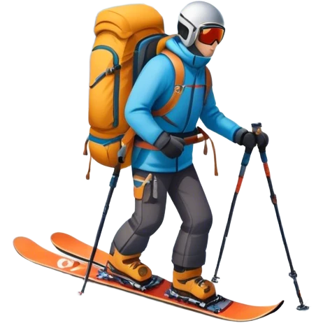Icon for Mountain Tourism: a distant snow-capped mountain peak with skis, a snowboard, an ice axe, a backpack and a camera. The icon should convey the spirit of adventure and exploration in the mountains. Transparent background. emoji