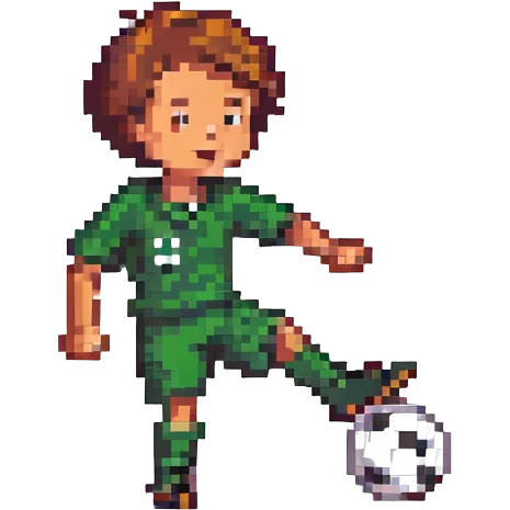 happy young boy in 2nd grade kicking a soccer ball, pixel art style emoji