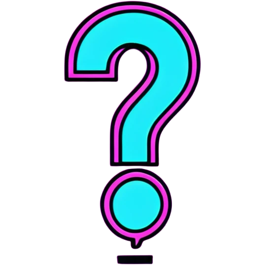 three-dimensional question mark with neon glow effect, blue and purple neon glow on top left, pink neon glow on bottom right emoji