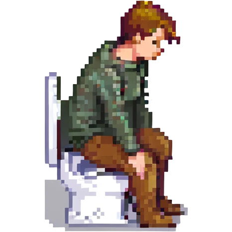 man pooping on toilet, playful, pixel art style emoji