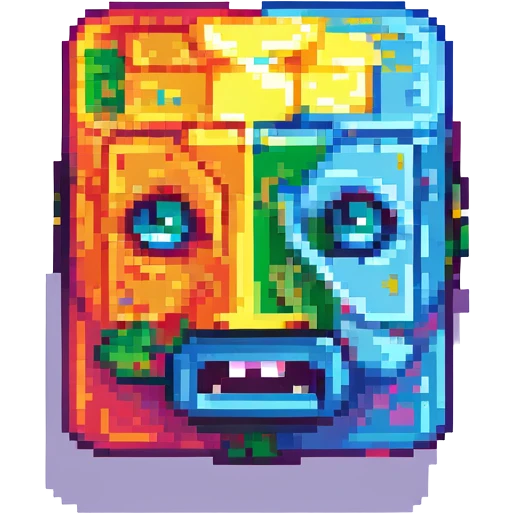 simple geometric cube with a face, inspired by Geometry Dash, vibrant colors, pixelated look emoji