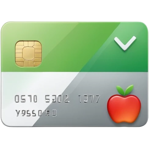 Apple style emoji of a minimalistic credit card in white-gray gradient, flat and clean design, no extra details, next to it a green square box with a bold white check mark inside, minimalistic Apple style emoji