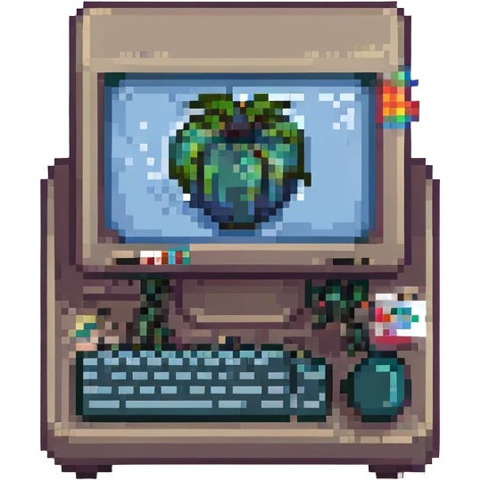 coding emoji, open source theme, pixel art computer with terminal window and open source sticker emoji