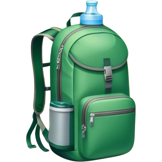 Icon for Ecotourism: a lightweight hiking backpack with a reusable water bottle, placed against a backdrop of lush green nature, with trees and a scenic trail. The icon should represent eco-friendly travel and the beauty of the outdoors. Transparent background. emoji