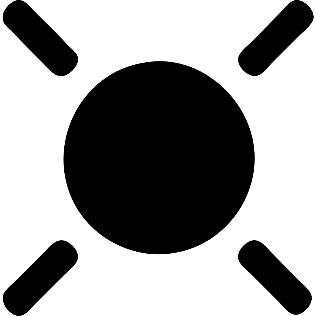 Solid circle with four short bars at 45° intervals. metaphor for a point of light sending information. emoji