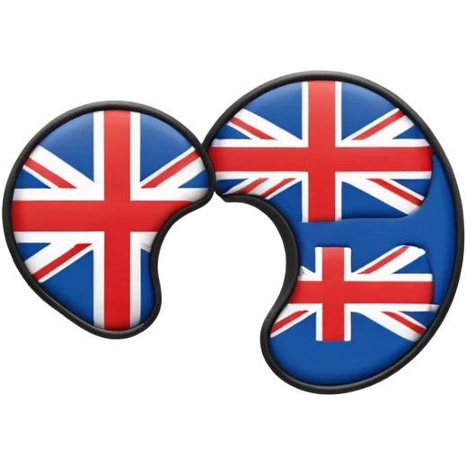 Minimalistic flat vector icon, iOS style, thin black contour on white background. Ear icon with sound waves and small UK/USA flag symbol. Clean, no text, no shadows emoji