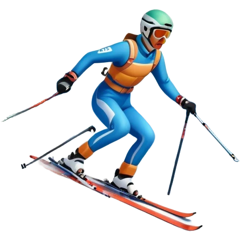An icon featuring snowy peaks, pine trees, and a picturesque mountain landscape with a skier racing down a snow-covered slope, The sky is blue with soft clouds, capturing the thrill and beauty of alpine skiing. Transparent background highlights the excitement and serenity of winter sports. emoji