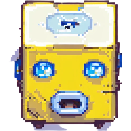 Geometry Dash inspired emoji, yellow cube with blue eyes and mouth, pixel art style emoji