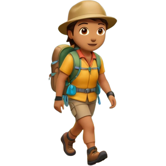 A 3D cartoon hiker walking on a forest trail with flowers and mountains in the distance, bright daylight, Memoji-style. emoji