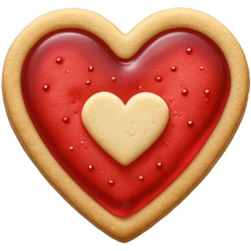 Realistic shortbread cookie in the shape of a heart with red jelly middle filling and sprinkled powder sugar on top. emoji