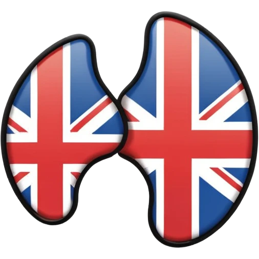 Minimalistic flat vector icon, iOS style, thin black contour on white background. Ear icon with sound waves and small UK/USA flag symbol. Clean, no text, no shadows emoji