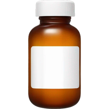 Singular Amber colored pill bottle with a plain white label filled halfway with liquid emoji