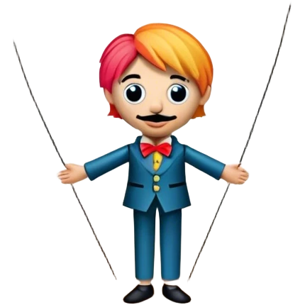 Icon for Puppet Theater: a puppet on strings with theatrical curtains in the background, along with a small stage and dramatic lighting. The icon should represent the whimsical and artistic nature of puppet performance. Transparent background. emoji