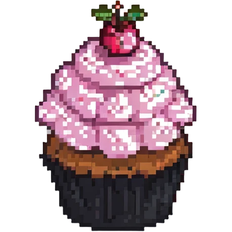 pixel art cupcake with pink icing and a cherry on top emoji