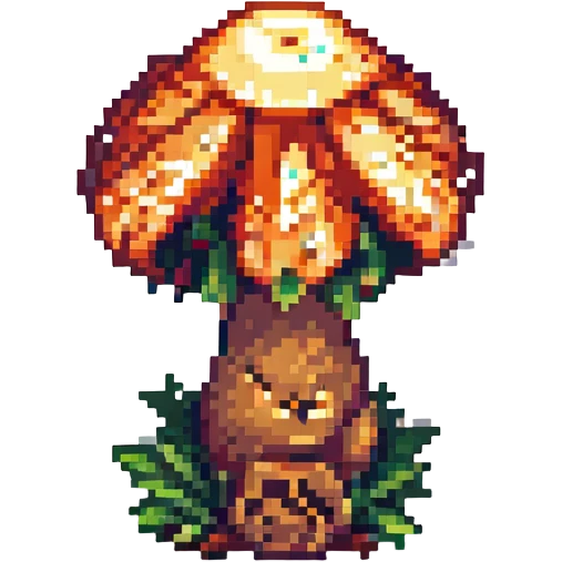 Add a tiny fairy nearby the glowing mushroom in pixel art style, with no background. emoji