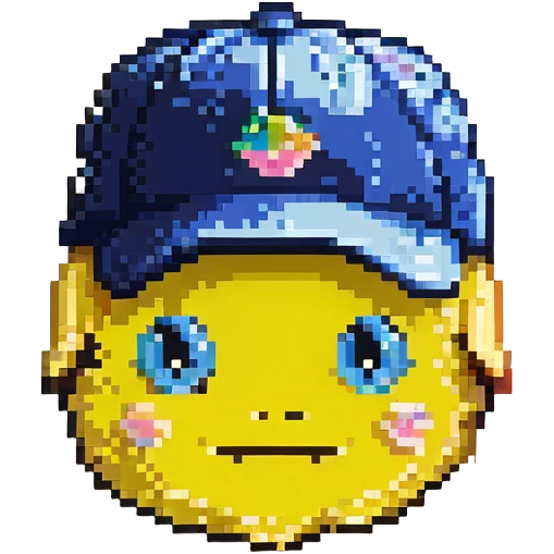 Change the color of the embroidered 100 emoji to navy blue and make the hat a pastel yellow, keeping the pixel art style with no background. emoji