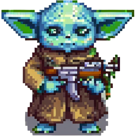 Baby Yoda holding an AK-47, pixel art style, retro video game look emoji
