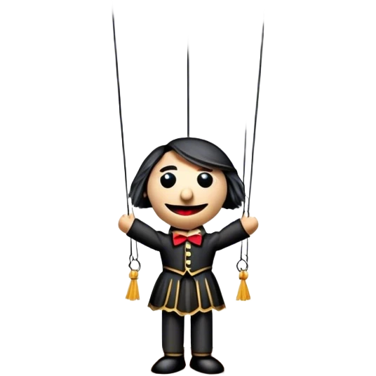 Icon for Puppet Theater: a puppet on strings with theatrical curtains in the background, along with a small stage and dramatic lighting. The icon should represent the whimsical and artistic nature of puppet performance. Transparent background. emoji