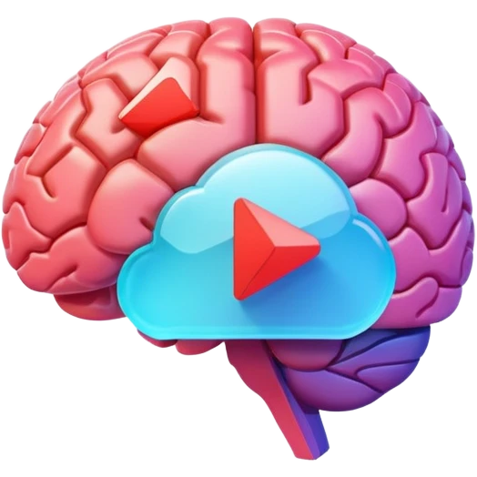 3D icon design, brain with YouTube play button symbol integrated into brain structure, glassmorphism style, soft shadows, gradient colors, modern app icon aesthetic, isometric view emoji