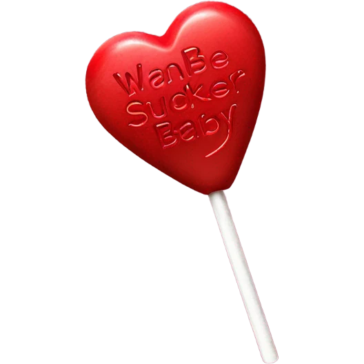 Red heart lollipop that says ‘wanna be my sucker baby?’ In black  emoji