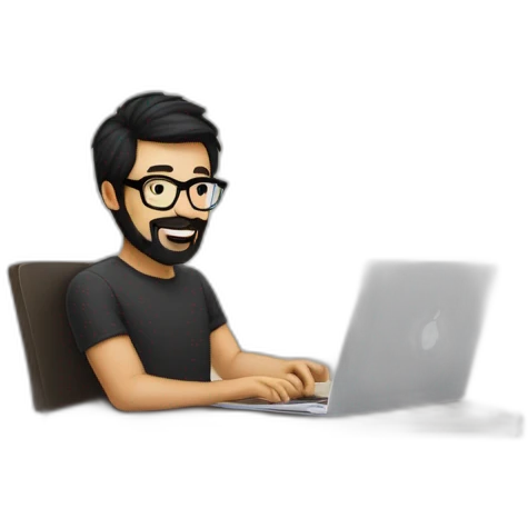 Designer with black hair, beard and glasses working with MacBook and drinking cappuccino  emoji