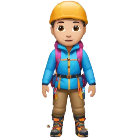 A 3D cartoon mountaineer standing on a snowy Everest-like summit with a flag, wearing colorful climbing gear, soft lighting, Memoji-style.negative : Flag emoji
