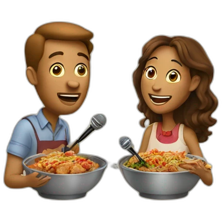 Two people singing into mics while eating a Cajun dinner emoji