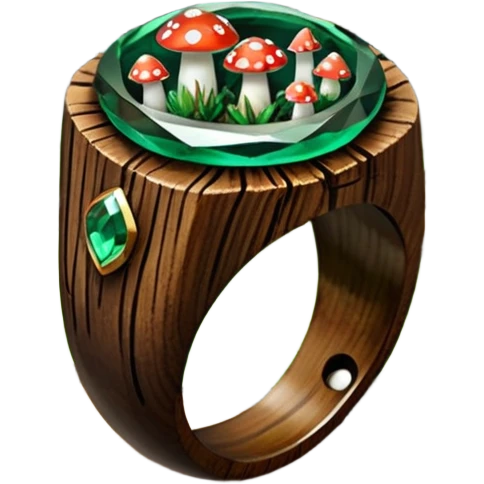 dark wood ring with epoxy resin in forest green pines and mushrooms crystal emoji