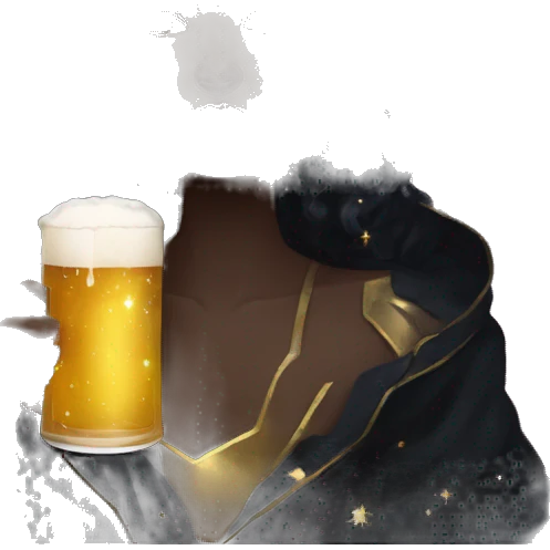 Ethereal galactic Girl wearing black and gold sat on a nebula galaxy drinking beer surrounded by golden stars and planets emoji