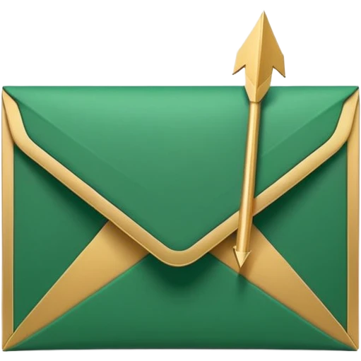 3D minimal envelope icon slightly open with subtle upward arrow coming out, matte finish, deep green (#0B3D2C), gold (#C9B037) arrow accent, Apple style, ultra sleek and clean, soft shadow, transparent background emoji