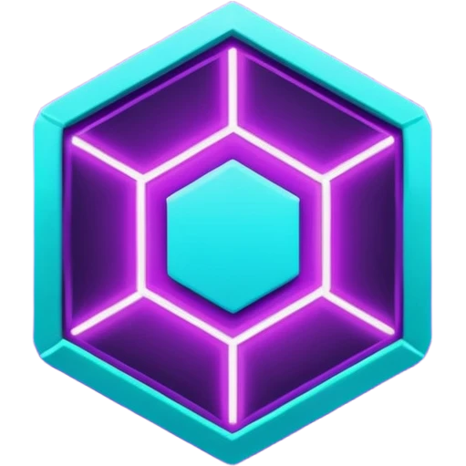 futuristic minimalistic glowing hexagon icon, neon purple and cyan glow, dark background, tech modern symbol, 1:1 aspect ratio, no face emoji