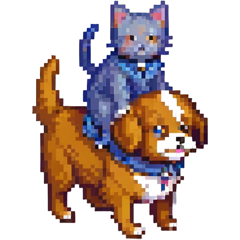 cat riding a dog, pixel art style emoji
