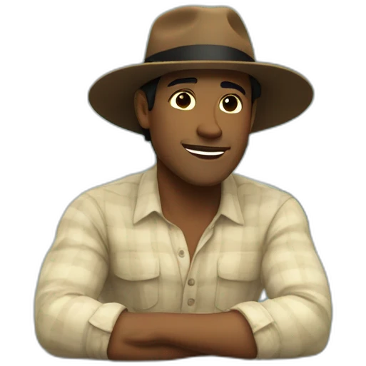 White Man with black hair, strip blue flowered shirt, brown hat, setting on a bench, next to a lake emoji