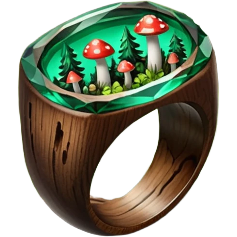 dark wood ring with epoxy resin in forest green pines and mushrooms crystal emoji