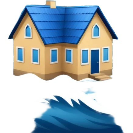 showing a flood disaster scene with powerful blue water waves overflowing around small houses and trees, dark cloudy sky, heavy rain falling, dramatic yet simple design emoji