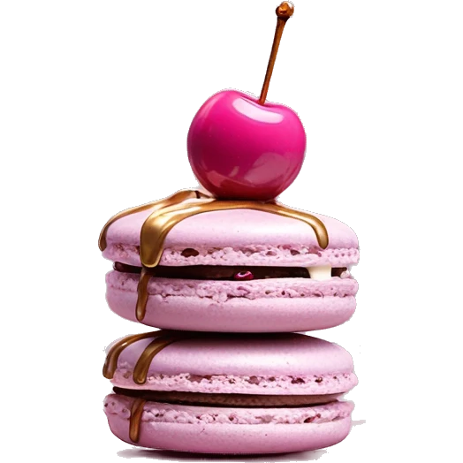 Single Realistic pastel macaron drizzled in metallic silver drip and pink cherry placed on top of the drip and cookies. emoji
