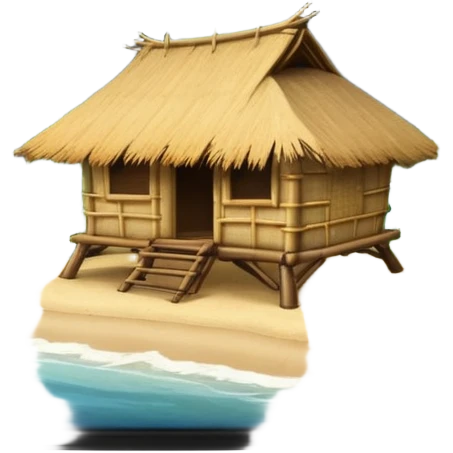 bamboo hut with volcano in the back in Volcano Island  emoji
