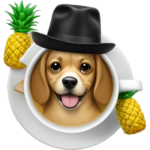 Dog inside a coffee cup wearing a hat with pineapples on it  emoji