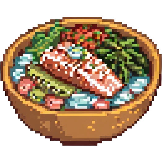 salmon poke bowl, pixel art style, small size, clear salmon and toppings, retro game vibe emoji