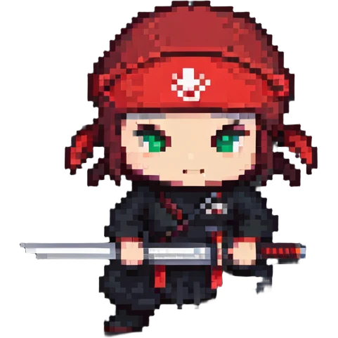 pixel art ninja with red headband, crouching, holding a sword emoji