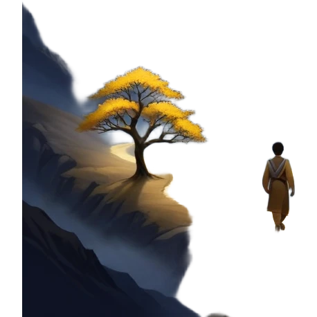 A man walks a winding path from a dark, foggy landscape filled with shadows toward a glowing mountaintop. A light grows in his chest as he follows his intuition. Along the way, he passes symbols of ambition and emptiness, until he reaches a golden tree under a starry sky, and ready to uplift others. emoji